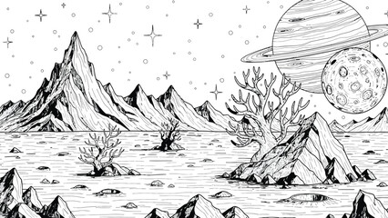 Fantasy alien planet landscape with mountains, strange trees, water, and craters, featuring saturn and moon in background. © hossain