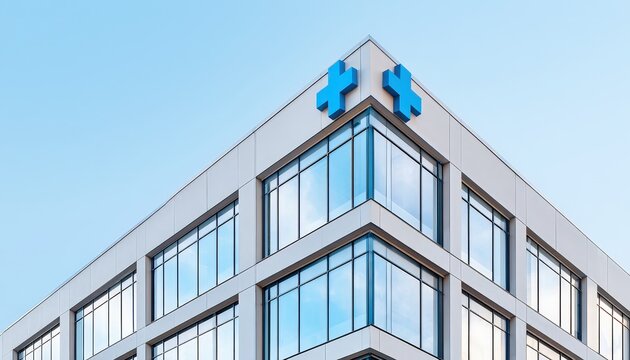 A modern hospital building corner with glass windows and two blue medical crosses on the rooftop against a clear sky background.