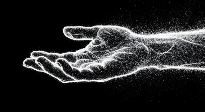 Human hand outline formed by glowing white particles. Digital identity and biological connectivity. Open palm reaching out through a black virtual space