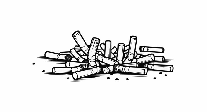A pile of discarded cigarette butts with some scattered ash on a white background