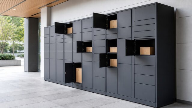  Urban pickup hub with a row of modern parcel lockers, open compartments, visible packages, soft daylight, and clean last-mile delivery concept.
