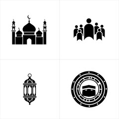 Fototapeta premium minimalist islamic mosque and family silhouette icons set on white background
