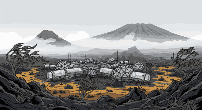 A pixel art depiction of an alien colony base with domed habitats on a rocky landscape