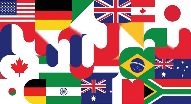 Abstract graphic mosaic of diverse national flags symbolizing global unity, cultural exchange, and interconnectedness on an international scale