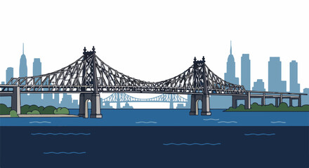 Obraz premium A large truss bridge spans a wide river with a city skyline in the background