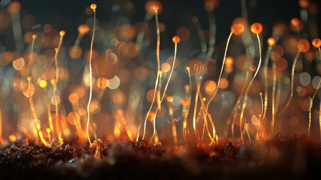 Close-up of vibrant orange fungi or luminous spores sprouting from dark earth, showcasing the mesmerizing glow of miniature biological growth