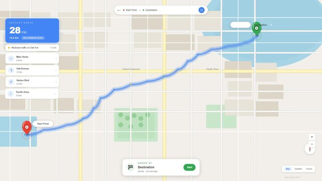 Animated City Map Navigation Route Directions with Fastest Route Twenty Eight Minutes Display