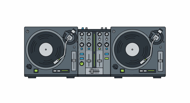 A pixelated illustration of a dj console with two turntables
