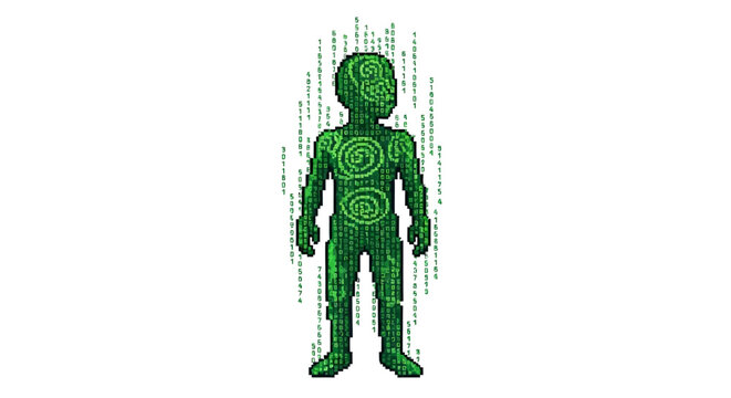 Green Humanoid Figure Composed of Digital Code and Symbols.