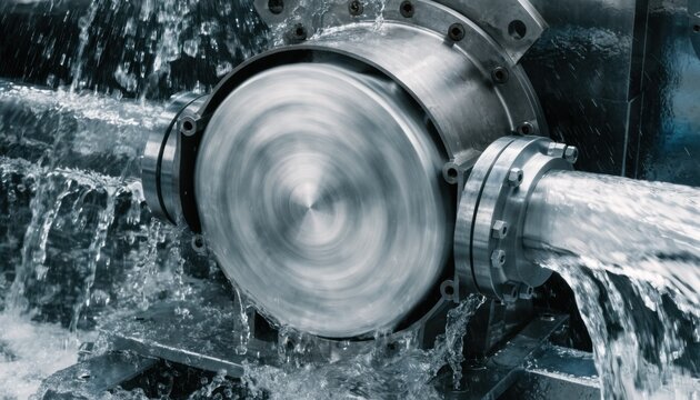 Industrial medium shot highlighting an impeller made from sustainable lowimpact alloys spinning inside a pump emphasizing green technology.