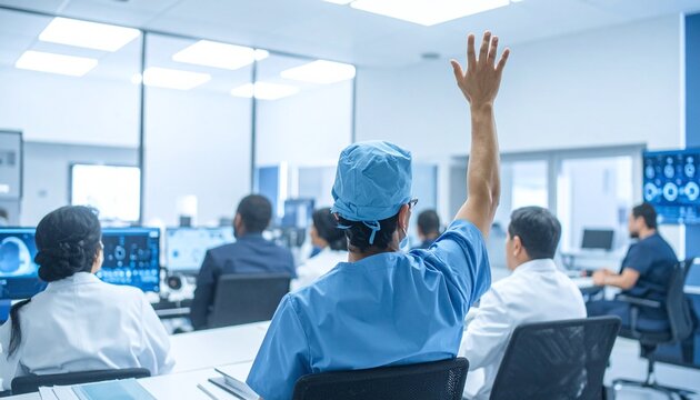 Surgeon in scrubs raises a hand at a modern medical conference, symbolizing learning and expert collaboration in a hightech hospital setting. Perfect for healthcare training ads.