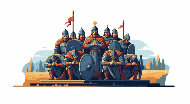 A group of warriors in ancient armor kneel in prayer or respect on a platform