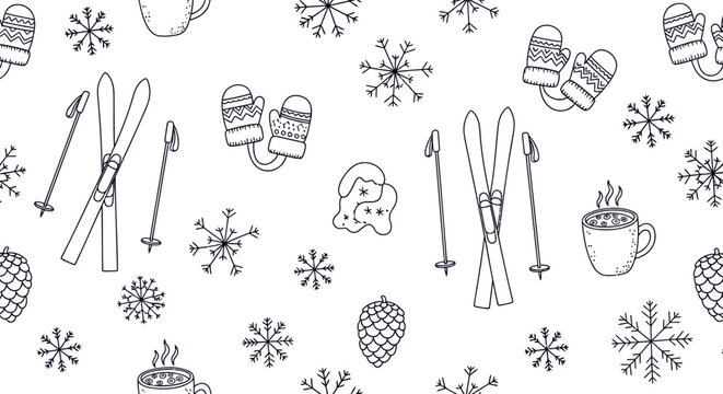 Seamless winter holiday pattern outline style ski snow season background design