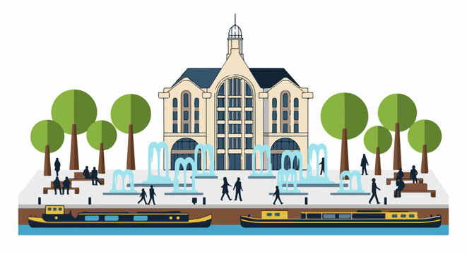 A flat illustration of a city park with a grand building, fountains, trees, and boats