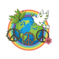 Naklejka premium Dove Spreading Peace Around the Colorful Earth with Nature Elements
