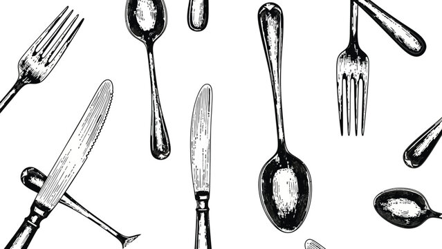 Set of hand drawn silverware collection featuring various forks spoons and knives isolated on white background vintage engraved style kitchen utensils graphic.