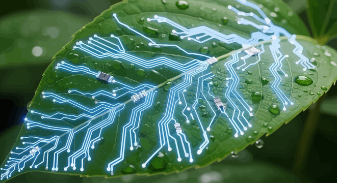 Biotechnological Concept of Green Electronics Intertwined with Nature on a Leaf, Symbolizing Sustainable Innovation and Eco-Friendly Circuitry