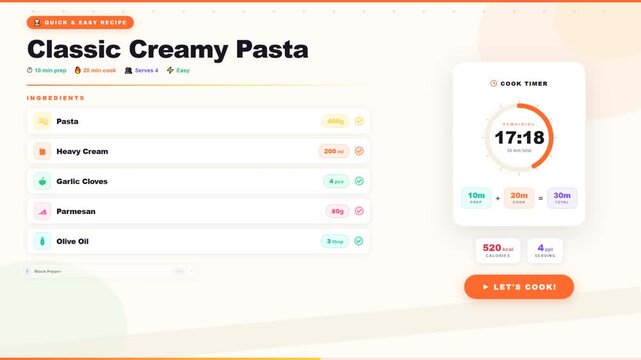 Classic Creamy Pasta Quick and Easy Recipe Card with Ingredients List and Cook Timer Interface