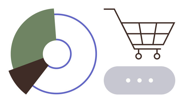 E-commerce, data analytics, digital sales, business growth, online navigation, web interface. Minimalist pie chart, shopping cart and button. E-commerce and data analytics concept