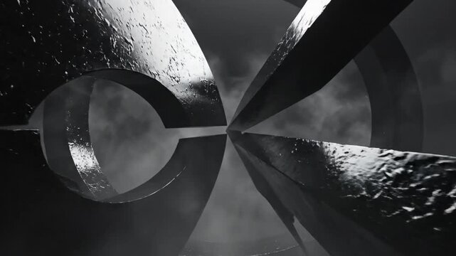 Abstract futuristic design in monochrome with rotating structural shapes and atmospheric effects.