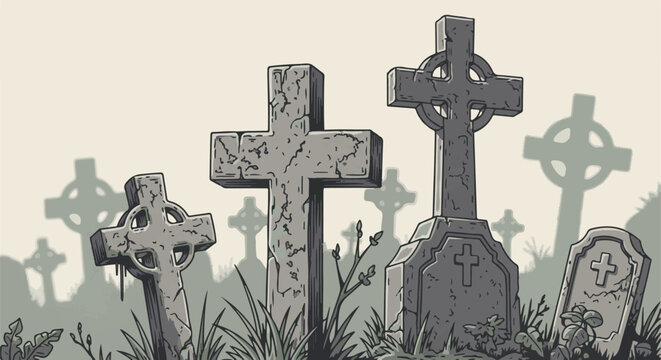 A graveyard scene with multiple Celtic cross gravestones and shadows