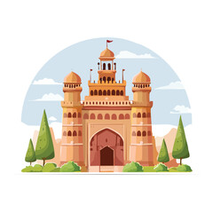 Fototapeta premium Cartoon illustration of a historical building with architectural details on white