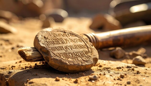 Ancient clay tablet with intricate cuneiform inscription resting on dusty ground