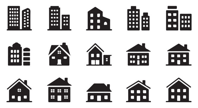 Collection of simple house and building silhouette icons.