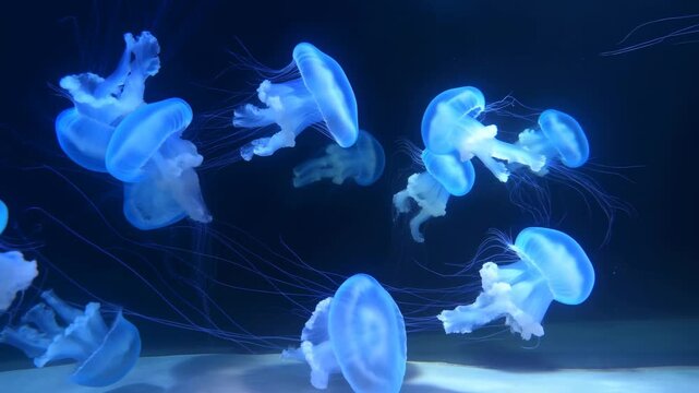 Graceful jellyfish swimming in an aquarium, showcasing their ethereal beauty and fluid movements. A mesmerizing glimpse into marine life and ocean ecosystems