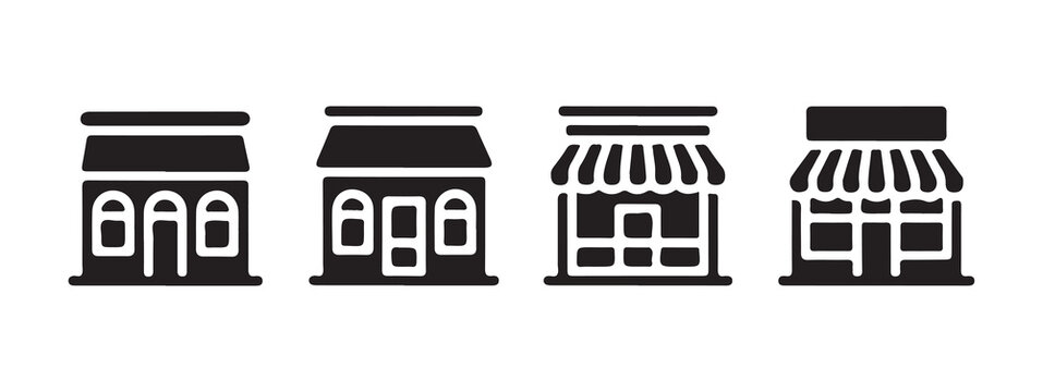 Black storefront icons set in minimalist flat style representing local retail businesses.
