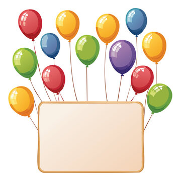 Colorful balloons surround a blank rectangular sign ideal for announcements