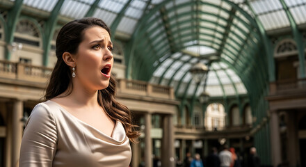 Fototapeta premium Beautiful Female Opera Singer Performing Vocal Solo in Classic Architecture Hall