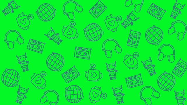Pattern technology animation with digital entertainment icons doodle wallpaper. Ideal for tech blogs, digital marketing, or entertainment design projects.