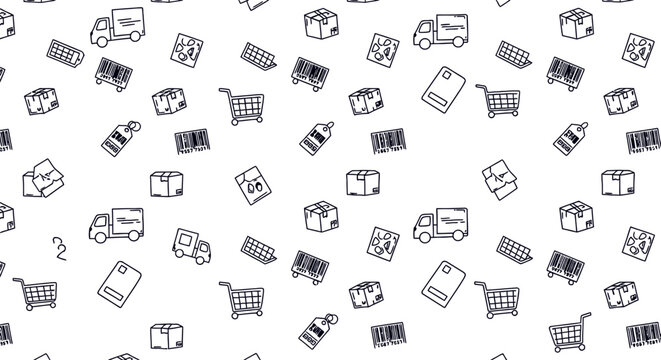 Seamless ecommerce shopping pattern outline style retail market background design