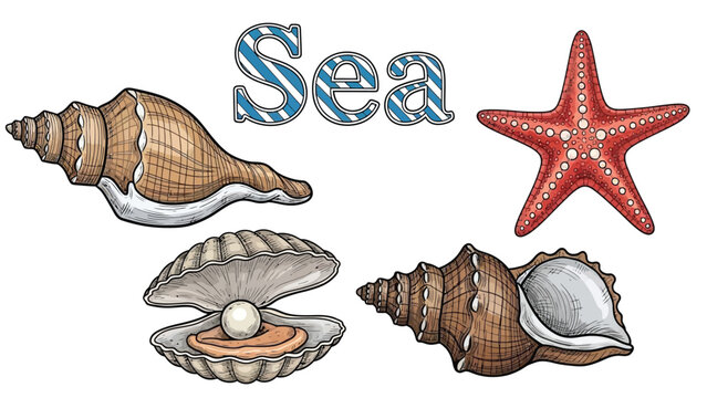Collection of marine life icons including seashell, oyster with pearl, conch shell and starfish with word sea, isolated on white.