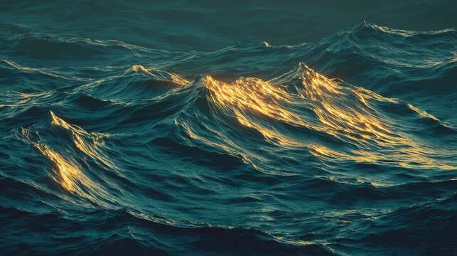 Dark, textured ocean waves in sunlight create a dramatic, undulating surface with golden highlights