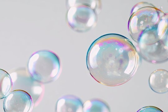 Delicate soap bubbles floating against a pure white background with a subtle soft-glow.