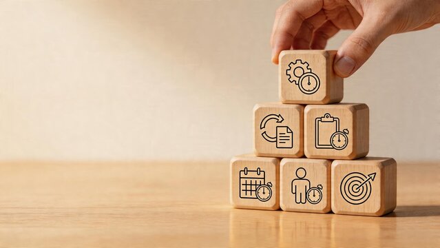 Business man stacking wooden blocks Time management concept Strategy and planning Organization Goal setting Efficiency Productivity Process improvement Human resources Workflow