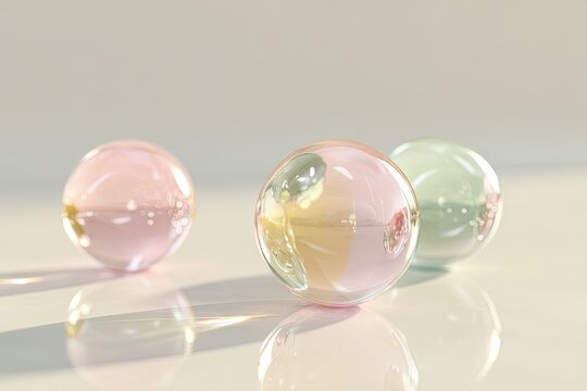 Minimalist floating transparent liquid orbs with soft muted pastel reflections on white.