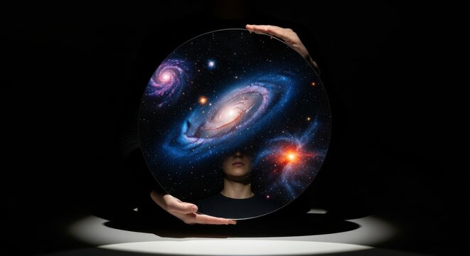 Person holding a circular galaxy mirror reflecting the cosmos