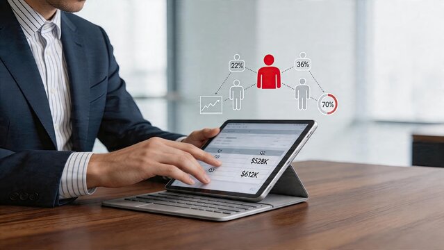 Businessman using tablet analyzing digital financial data charts in modern office checking quarterly reports on device screen examining performance indicators and percentage