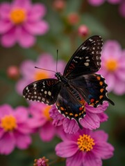 Fototapeta premium Beautiful Butterfly Resting on Pink Blossom Flower