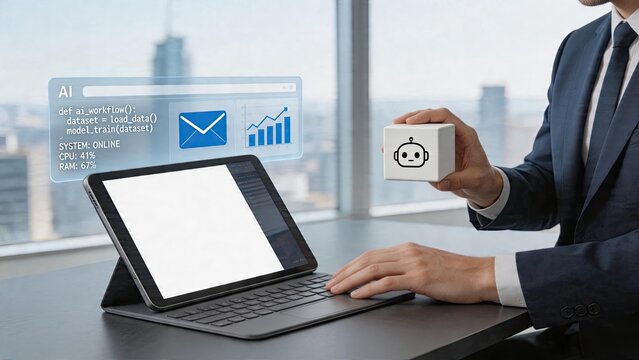 Businessman holding robot cube artificial intelligence holographic interface with code data analytics bar chart email icon system status indicators on transparent screen modern