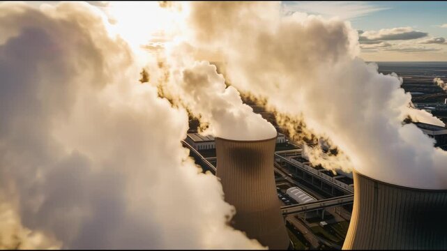 Power plant cooling towers emitting thick white smoke at sunset