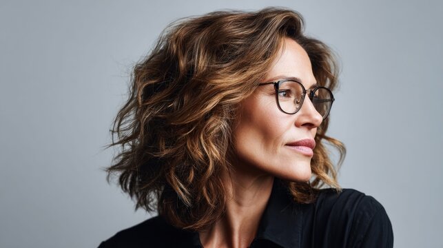 Attractive woman with glasses looking to the side against a gray background