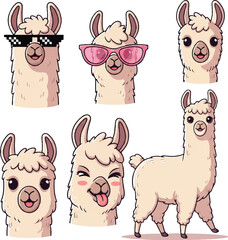 Fototapeta premium Cute Llama and Alpaca Silhouette Vector Cartoon Character Set