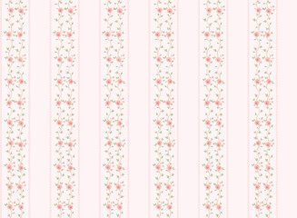 Elegant seamless pattern featuring vertical pink rose vines and delicate stripes on a pastel background. Shabby chic floral wallpaper. © โยธิน ทุมจีน