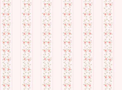 Elegant seamless pattern featuring vertical pink rose vines and delicate stripes on a pastel background. Shabby chic floral wallpaper.