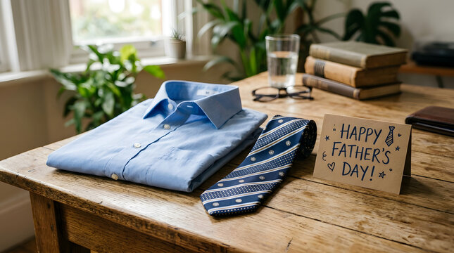 Father's Day gift, blue shirt and tie on wooden table
