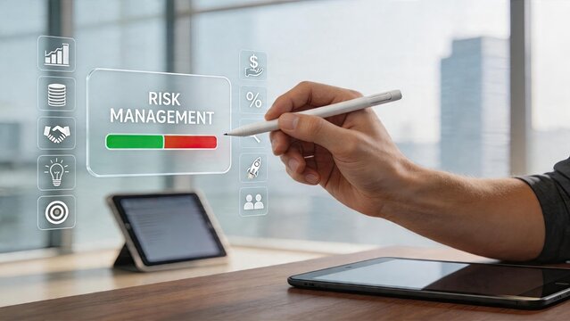 Business man using digital interface technology for financial risk analysis strategy management dashboard investment planning process with chart icons and analytics display on